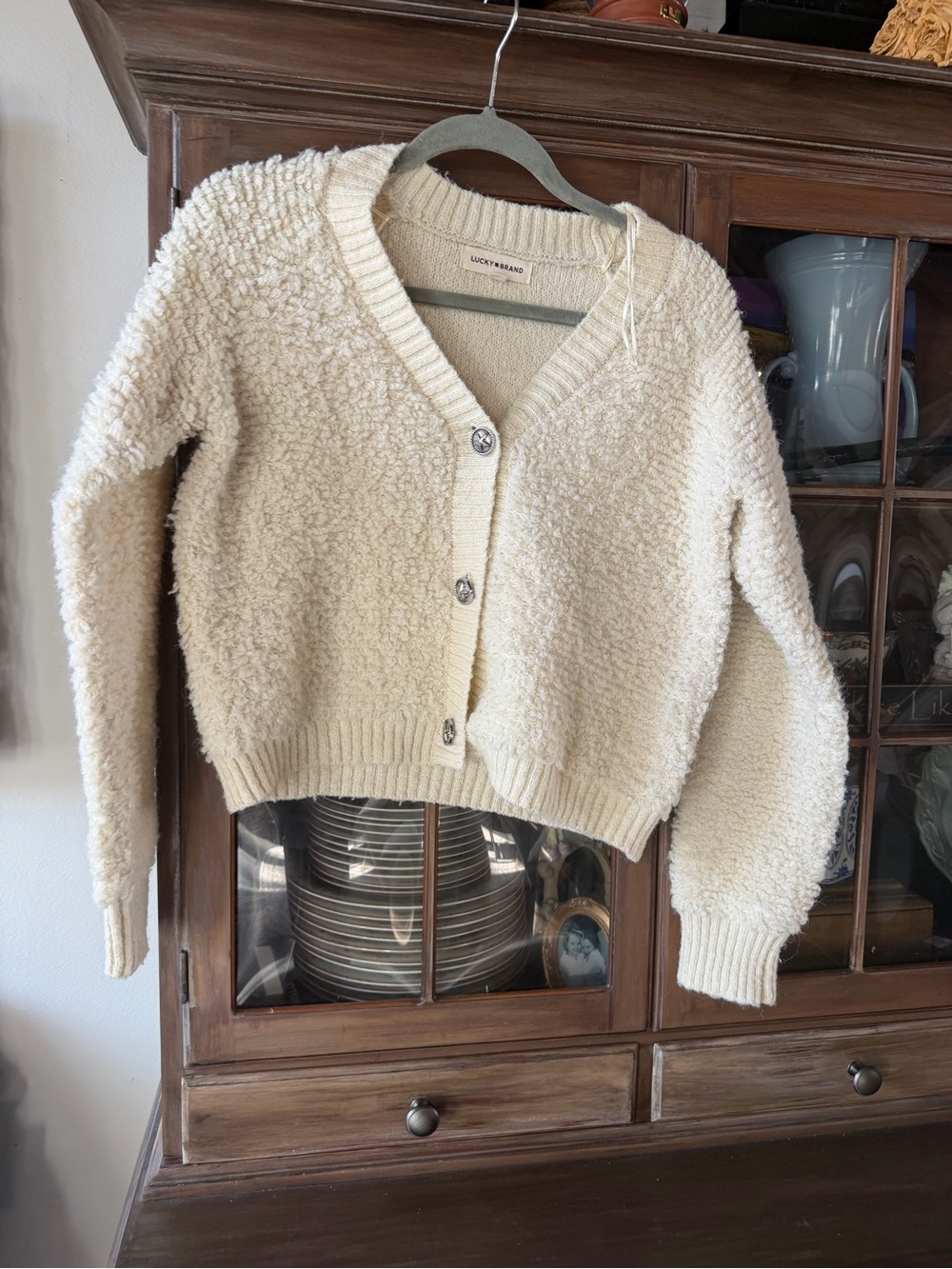 Lucky Brand Ivory Bouclé Button-Front Cardigan Sweater